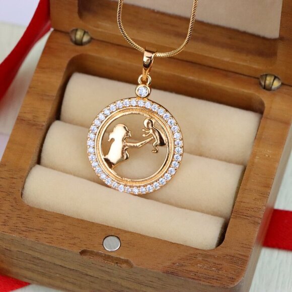 "Rose Gold Circle Pendant with Mother & Child Design and CZ Accents, XPPT1401 - Picture 10 of 13